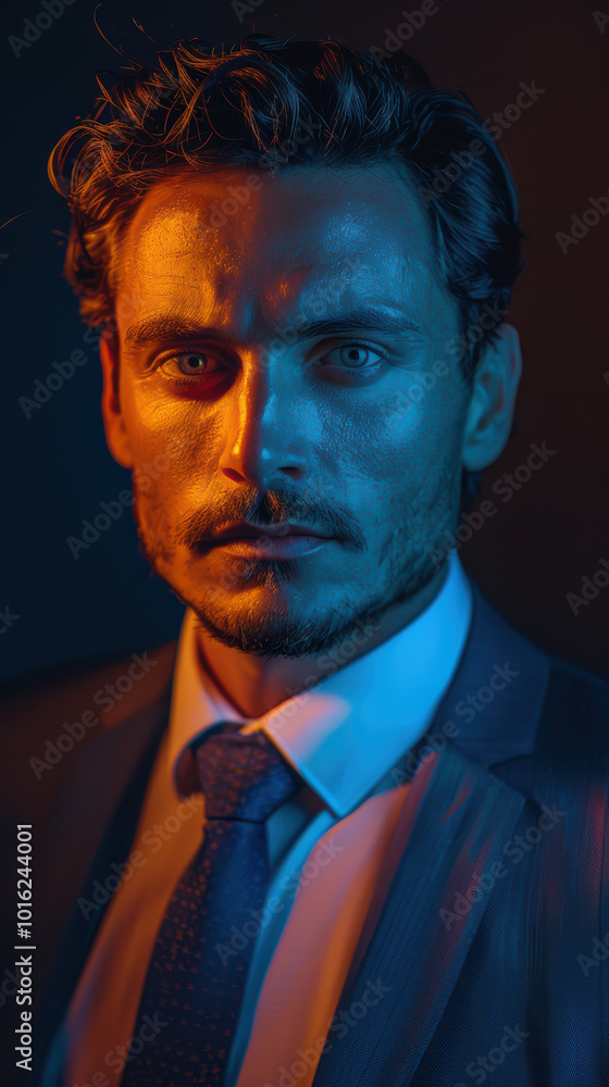 The Man in the Blue and Orange Light: A captivating portrait of a man bathed in contrasting blue and orange lights, his intense gaze and sharp features exuding a sense of mystery and intrigue. The Man in the Blue and Orange Light: A captivating portrait of a man bathed in contrasting blue and orange lights, his intense gaze and sharp features exuding a sense of mystery and intrigue.