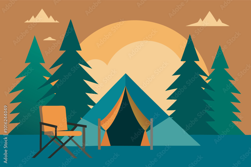A serene camping scene: orange tent, director's chair, pine trees, vibrant sky, and water below. Captures tranquility in a forest setting. A serene camping scene: orange tent, director's chair, pine trees, vibrant sky, and water below. Captures tranquility in a forest setting.