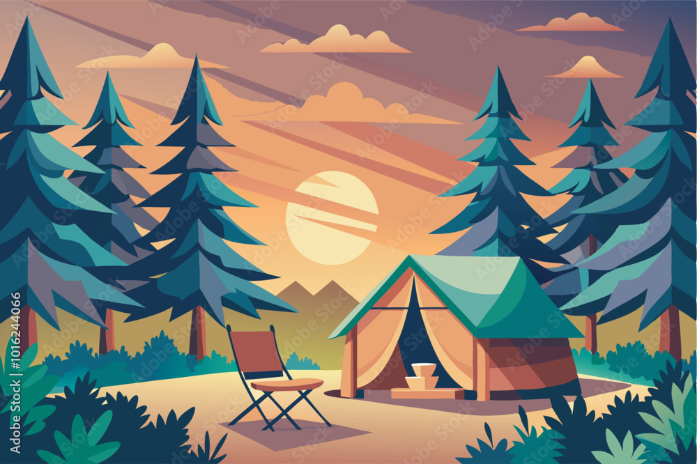 A peaceful camping scene in a pine forest at sunset. Tent, backpack, chairs, table with cups, moon, mountains. Tranquil ambiance of nature at dusk. A peaceful camping scene in a pine forest at sunset. Tent, backpack, chairs, table with cups, moon, mountains. Tranquil ambiance of nature at dusk.