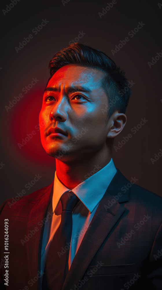 Ambition Illuminated: A portrait of a pensive Asian businessman, dramatically lit in red and blue hues, conveying determination and contemplation. Ambition Illuminated: A portrait of a pensive Asian businessman, dramatically lit in red and blue hues, conveying determination and contemplation.