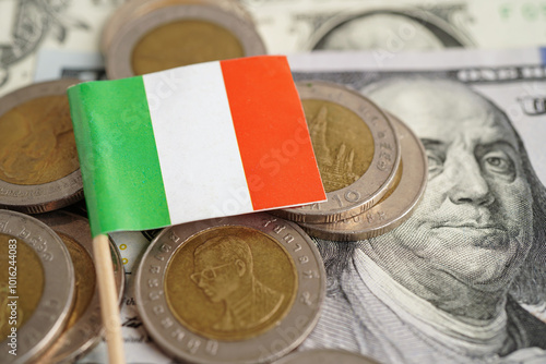 Fototapeta Naklejka Na Ścianę i Meble -  Italy flag on coin and banknote money, finance trading investment business currency.