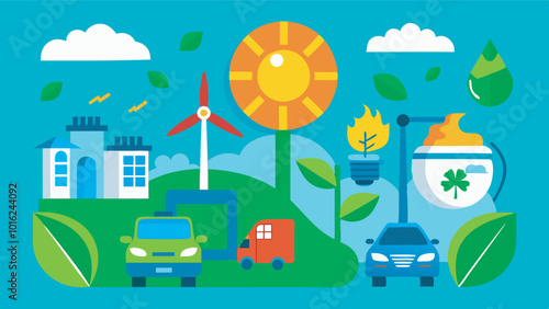 A colorful cartoon shows an eco-friendly town with greenhouses, a windmill, and green cars, promoting renewable energy and sustainable living.