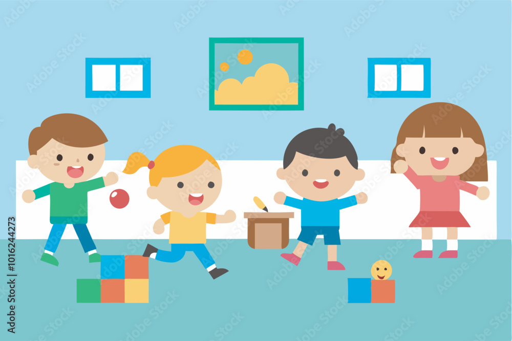 Four children play in a colorful room with toys. Two girls hold an apple and play with a box, while boys put toys away. Cheerful atmosphere with sunlight and scattered toys. Four children play in a colorful room with toys. Two girls hold an apple and play with a box, while boys put toys away. Cheerful atmosphere with sunlight and scattered toys.