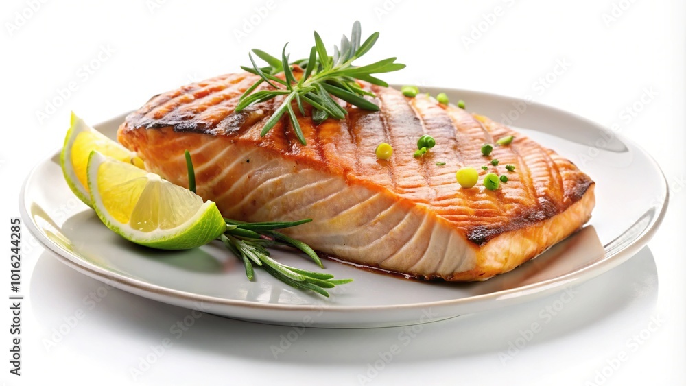 Grilled salmon steak on plate isolated without background forced perspective Grilled salmon steak on plate isolated without background forced perspective