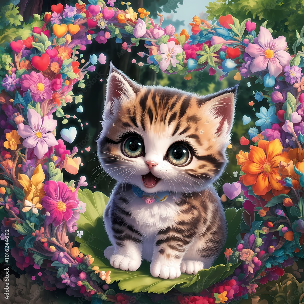 a cute cat with adorable expression, surrounded by colorful flowers, lush green meadow in background, cartoon, anime a cute cat with adorable expression, surrounded by colorful flowers, lush green meadow in background, cartoon, anime