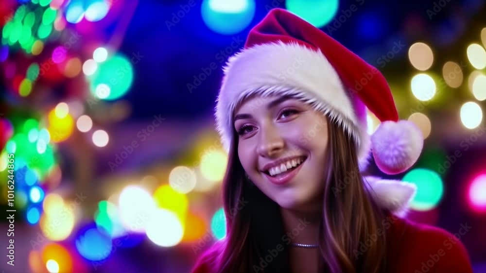 Traditional Christmas, New Year theme. Winter holiday with beautiful young girl in santa hat smiling against festive lights bokeh background. Seasonal video animation for footage, background, banner Traditional Christmas, New Year theme. Winter holiday with beautiful young girl in santa hat smiling against festive lights bokeh background. Seasonal video animation for footage, background, banner