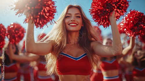 Two cheerleaders raise their pom-poms in a dynamic display of energy and unity. This image symbolizes teamwork, school spirit, enthusiasm, and the power of collective motivation in achieving success photo