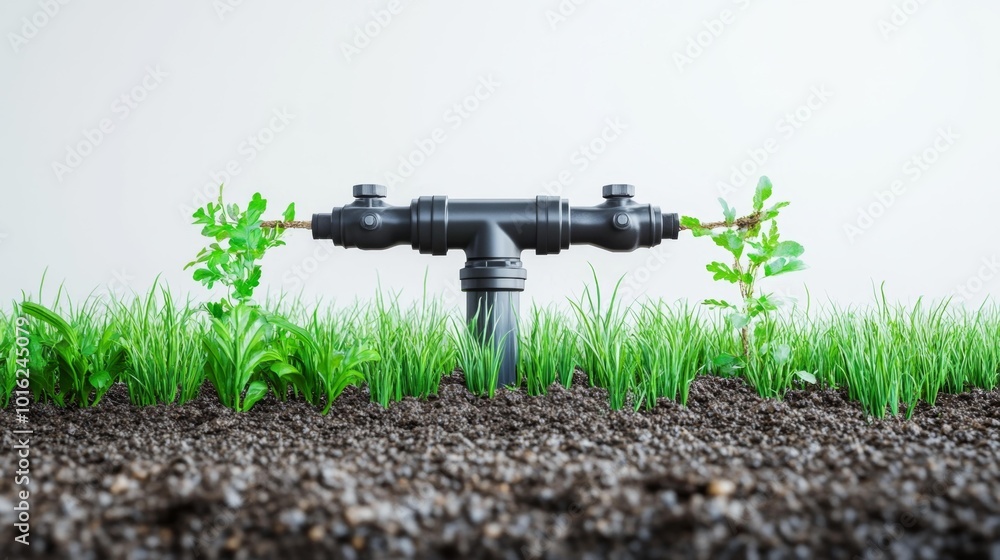 Realistic garden irrigation system on a white background surrounded by green grass and soil. Generative AI Realistic garden irrigation system on a white background surrounded by green grass and soil. Generative AI