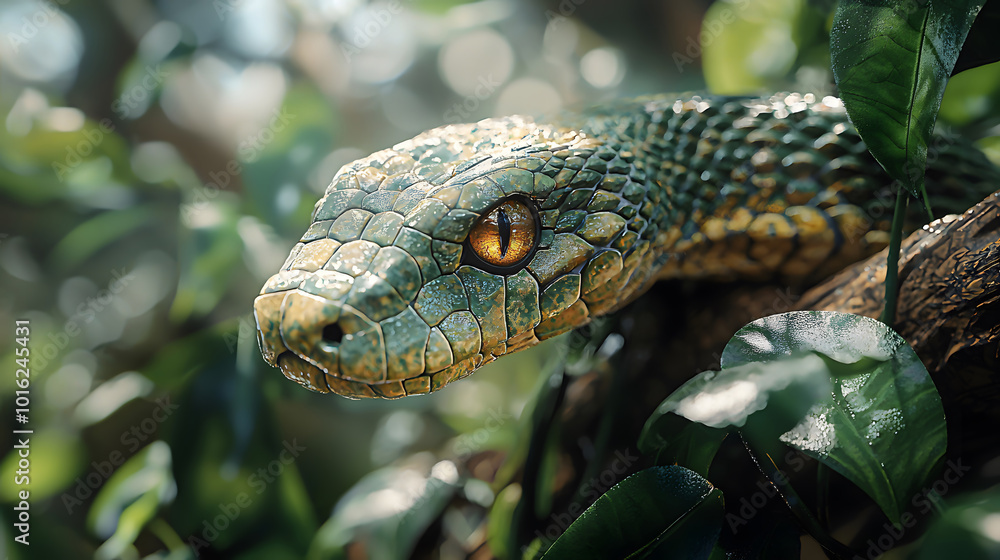 A captivating green wooden snake poised among lush leaves for 2025. Generative AI A captivating green wooden snake poised among lush leaves for 2025. Generative AI