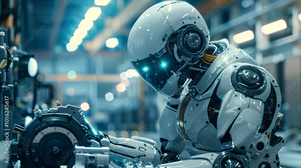 A creative poster featuring a robotic hand using a wrench to repair an advanced piece of equipment, with ample copy space and a high-tech background A creative poster featuring a robotic hand using a wrench to repair an advanced piece of equipment, with ample copy space and a high-tech background
