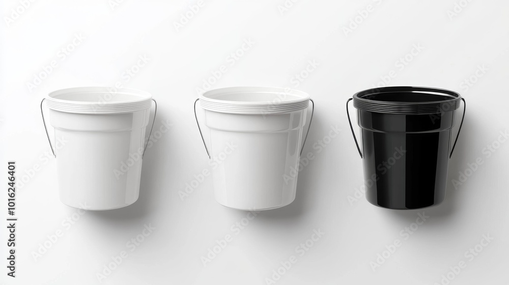 Three paint buckets on a white background featuring two white buckets and one black bucket displayed in a row. Ideal for advertising and product design presentations.. Generative AI Three paint buckets on a white background featuring two white buckets and one black bucket displayed in a row. Ideal for advertising and product design presentations.. Generative AI