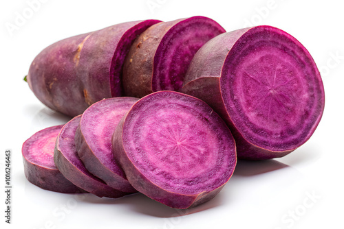 One Purple sweet potato and sliced, isolated on white background, clipping path