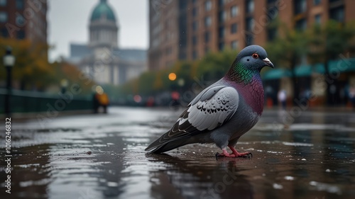 A pigeon stands in a puddle on a rainy day in the city, with a building in the background. photo