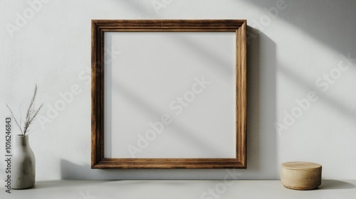 Empty picture frame with a wooden texture displayed on a minimalist white background casting a soft shadow from natural light. Ideal for interior design and mockup presentations.. Generative AI