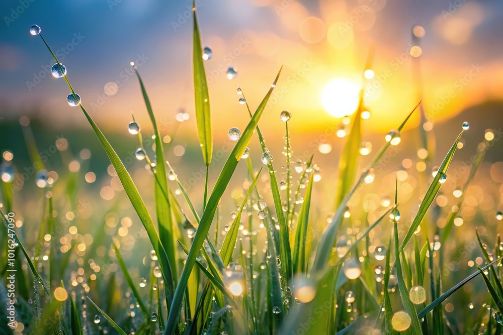 Fototapeta premium morning dew on tall grass with blurred background, Long Shot