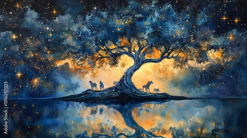 Glass tree reaching into the stars, rivers of light cascading from branches, ethereal animals of mist in a reflective forest, Cosmic, Fantasy, Watercolor photo