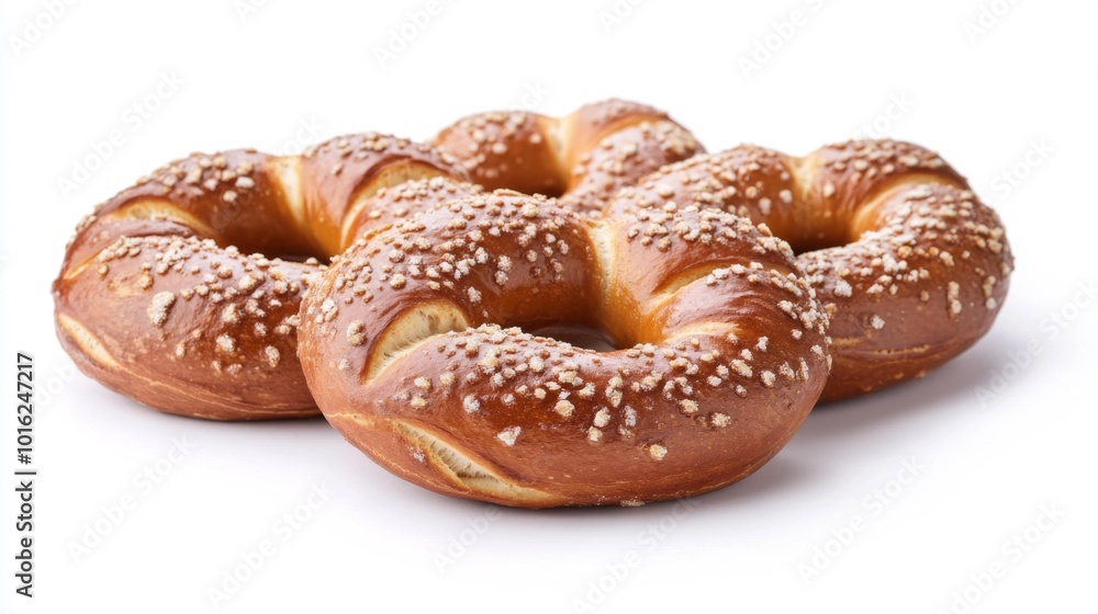 Close-up of a realistic pretzel with salt on a white background capturing the soft and golden texture of the snack.. Generative AI Close-up of a realistic pretzel with salt on a white background capturing the soft and golden texture of the snack.. Generative AI