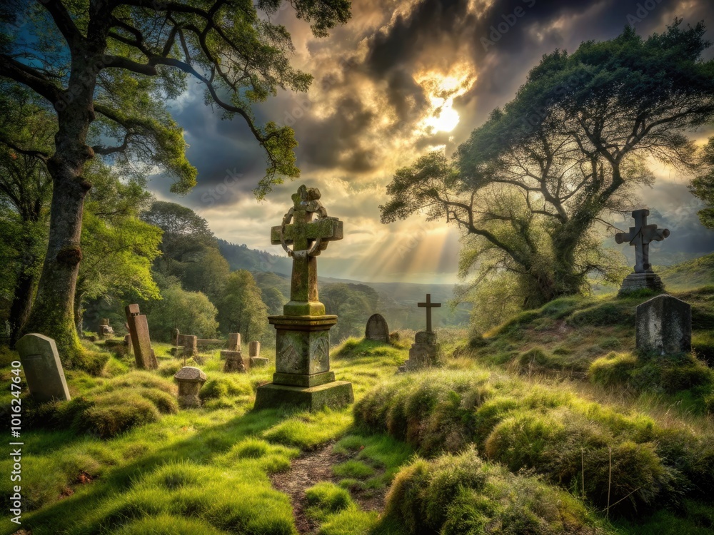 Obraz premium Abandoned Ancient Graveyard with Old Cross - Eerie Atmospheric Landscape Photography