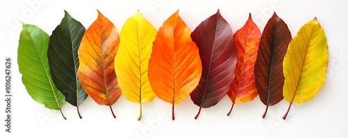 A set of colorful autumn leaves arranged in a fan shape on a white background,  photo