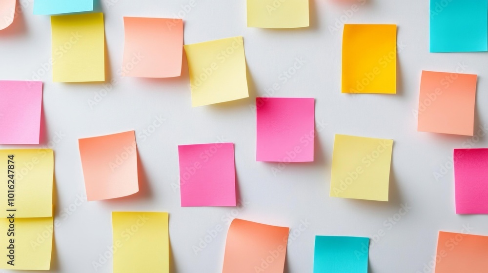 Colorful sticky notes on a white background arranged in a random pattern office supplies organized workspace creative planning isolated realistic rendering stock photo. Generative AI Colorful sticky notes on a white background arranged in a random pattern office supplies organized workspace creative planning isolated realistic rendering stock photo. Generative AI
