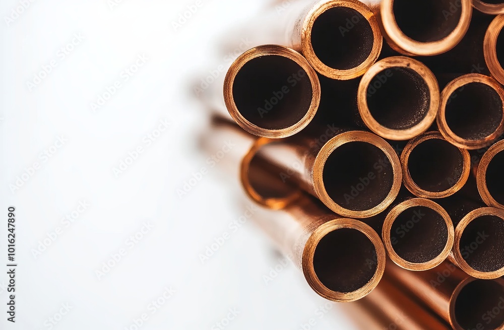 A stack of copper pipes on white background, stock photo for marketing and advertising use, professional photography style, high resolution, high quality, high detail, sharp focus, no blur effect. A stack of copper pipes on white background, stock photo for marketing and advertising use, professional photography style, high resolution, high quality, high detail, sharp focus, no blur effect.
