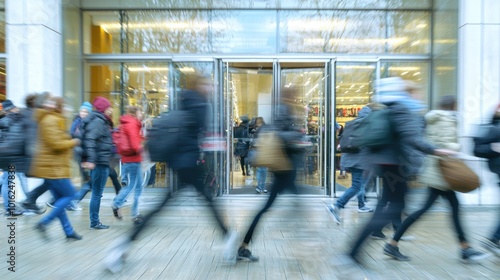 enthusiastic shoppers racing towards a store entrance, eager for Black Friday bargains. photo