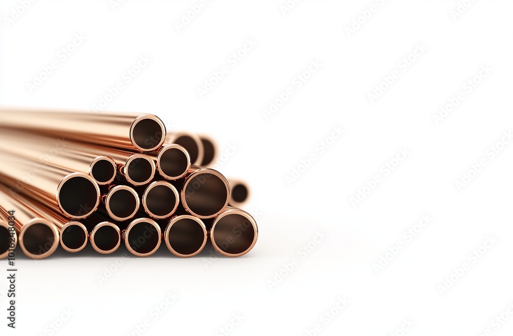 A stack of copper pipes on white background, stock photo for marketing and advertising use, professional photography style, high resolution, high quality, high detail, sharp focus, no blur effect. A stack of copper pipes on white background, stock photo for marketing and advertising use, professional photography style, high resolution, high quality, high detail, sharp focus, no blur effect.