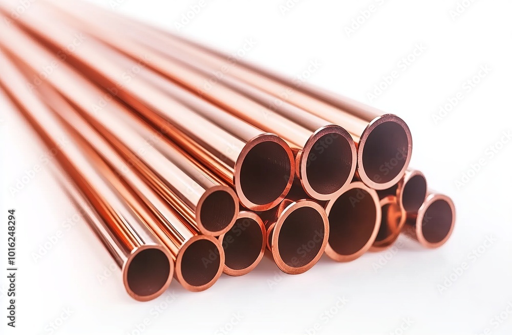 A stack of copper pipes on white background, stock photo for marketing and advertising use, professional photography style, high resolution, high quality, high detail, sharp focus, no blur effect. A stack of copper pipes on white background, stock photo for marketing and advertising use, professional photography style, high resolution, high quality, high detail, sharp focus, no blur effect.
