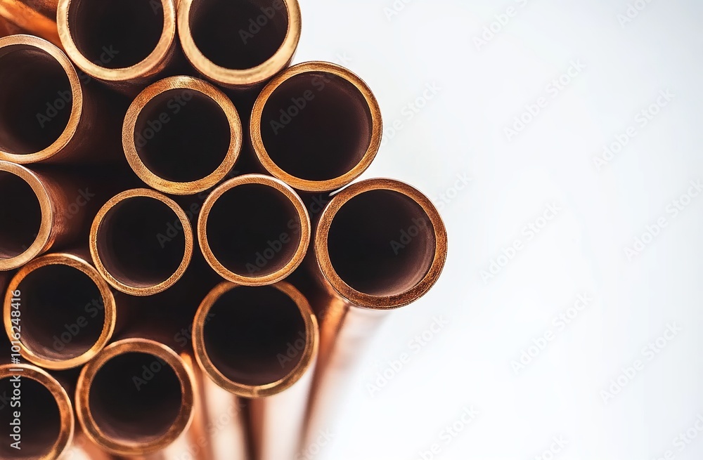 A stack of copper pipes on white background, stock photo for marketing and advertising use, professional photography style, high resolution, high quality, high detail, sharp focus, no blur effect. A stack of copper pipes on white background, stock photo for marketing and advertising use, professional photography style, high resolution, high quality, high detail, sharp focus, no blur effect.
