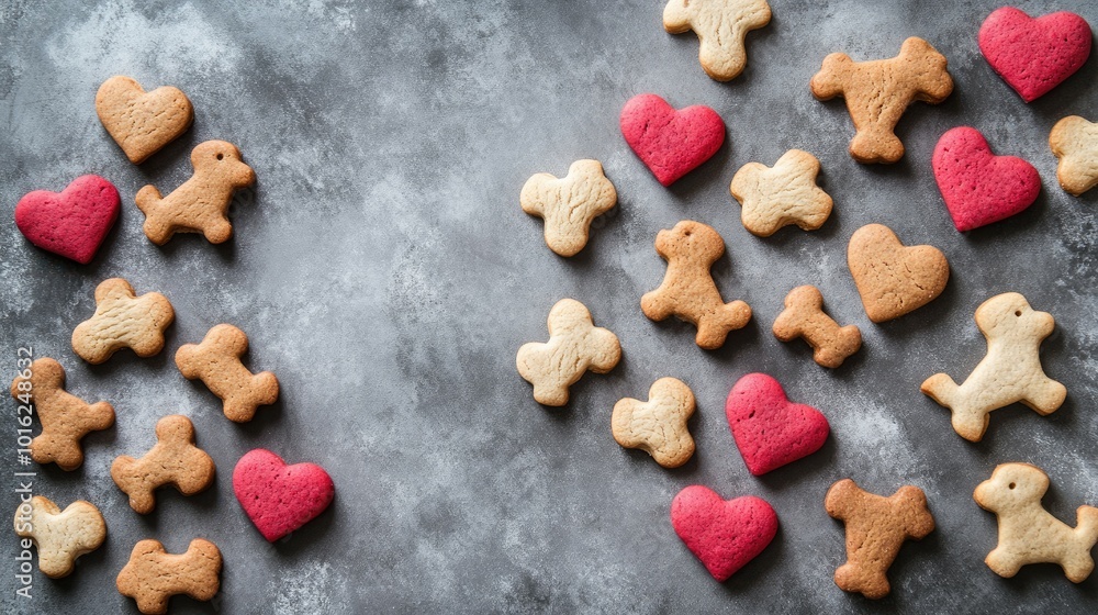 A delicious assortment of heart and clover-shaped cookies, arranged on a gray textured background A delicious assortment of heart and clover-shaped cookies, arranged on a gray textured background