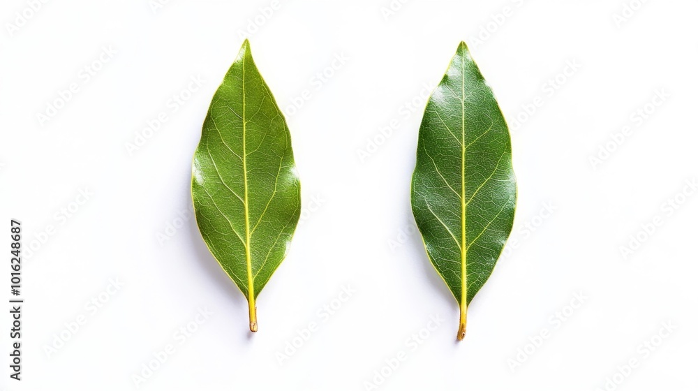 Obraz premium Two bay leaves isolated on a white background fresh and vibrant green leaves. Generative AI