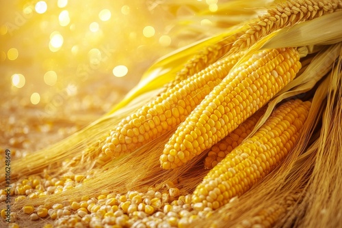 A vibrant spread of freshly picked corn and wheat stalks on a bright background