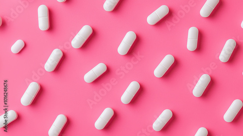 An artistic arrangement of white capsules spread across a vivid pink background, creating a striking contrast that draws attention to the elements' sleek outlines.