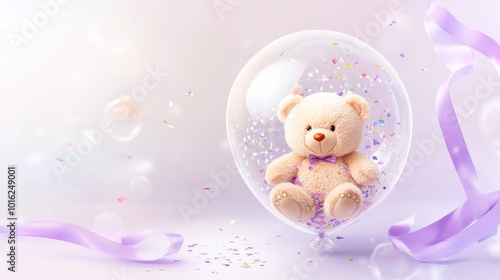 A teddy bear inside a transparent balloon with ribbon and confetti on a soft purple and white gradient background
