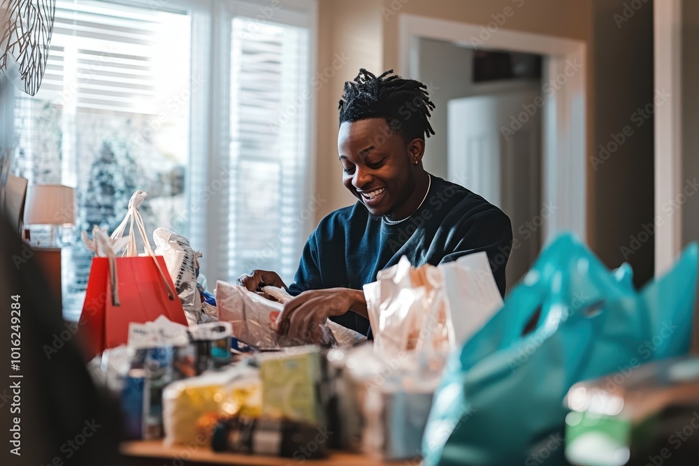 Black Friday Shopping Haul: A home scene where a person is unpacking their Black Friday haul. The table is covered with shopping bags and items, and the person is smiling as they review their purchase Black Friday Shopping Haul: A home scene where a person is unpacking their Black Friday haul. The table is covered with shopping bags and items, and the person is smiling as they review their purchase