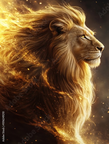 A powerful lion with a flowing golden mane is beautifully captured in dramatic, fiery lighting.