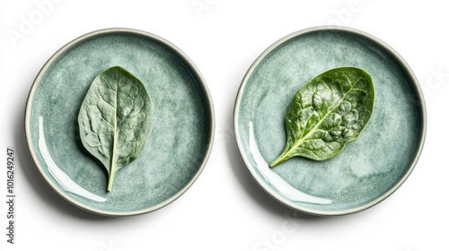 Two spinach leaves artistically placed on ceramic plates isolated on a white background a fresh and simple setup for health-conscious or culinary-focused stock imagery.. Generative AI