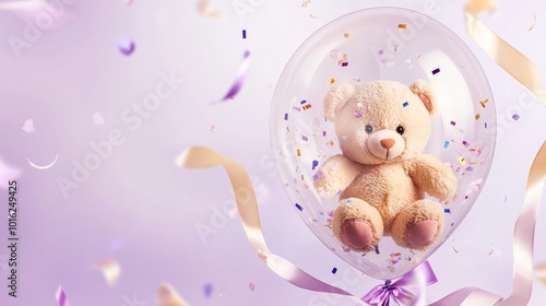 A teddy bear inside a transparent balloon with ribbon and confetti on a soft purple and white gradient background