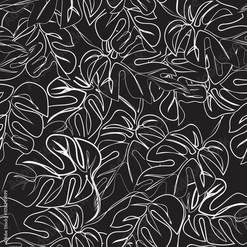 Minimal monstera silhouettes in black background. Seamless pattern for wallpaper, art decor, textile, packaging, website background, homeware.
