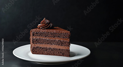 This slice of chocolate cake boasts three layers of moist cake, perfectly topped with a swirl of rich chocolate frosting, against an elegant dark background.