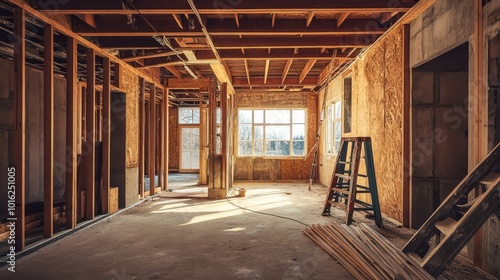 Renovation in progress at a residential building, showcasing an open layout with exposed frames and natural light during the day