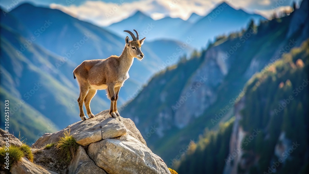 Mountain goat standing on a rock in the mountains with low angle view Mountain goat standing on a rock in the mountains with low angle view