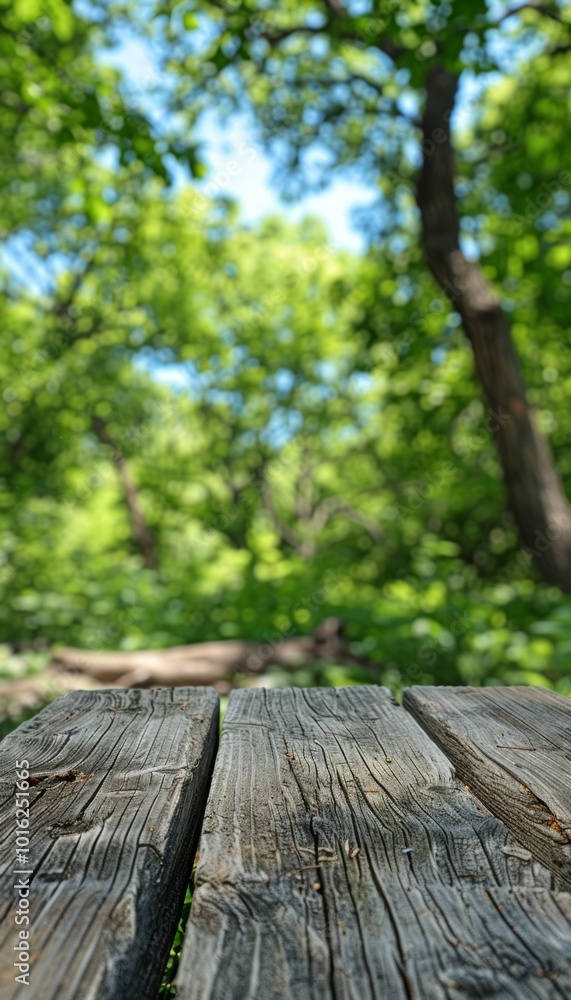 Rustic wooden table in a lush forest setting with a blurred background of green trees. Rustic wooden table in a lush forest setting with a blurred background of green trees.