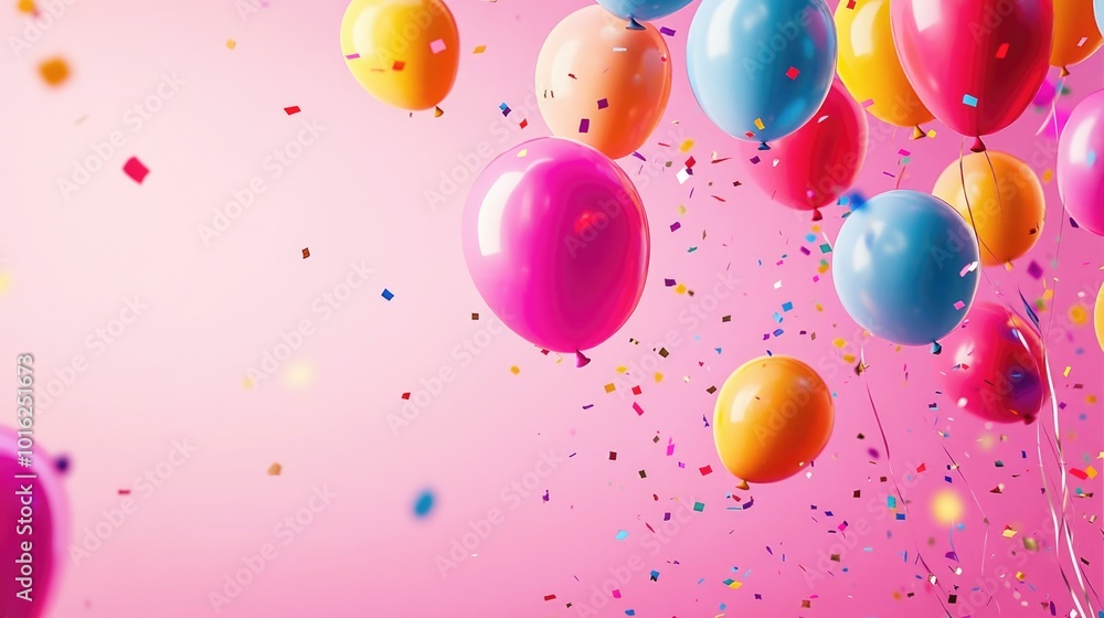 Colorful inflatable balloons with metallic confetti on a pink background. Background for a greeting card in flat-light style, birthday or party Colorful inflatable balloons with metallic confetti on a pink background. Background for a greeting card in flat-light style, birthday or party