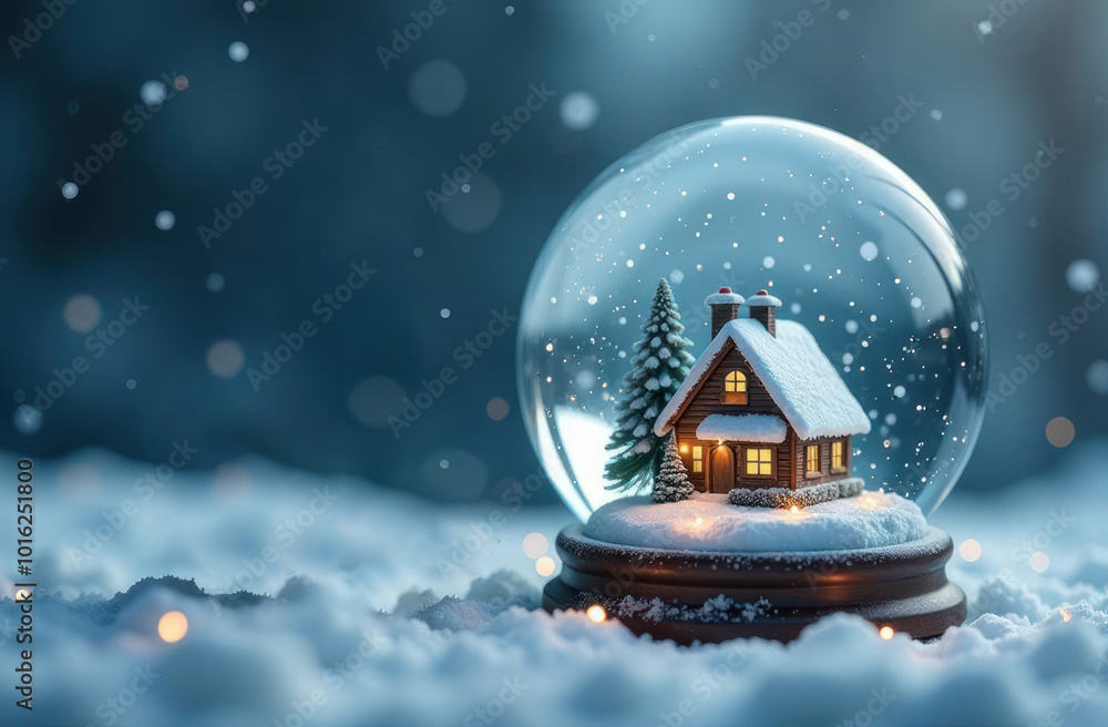 Fototapeta premium Crystal ball with house and Christmas tree inside it on snowy forest background with copy space, snow falling. Winter holidays, new year banner