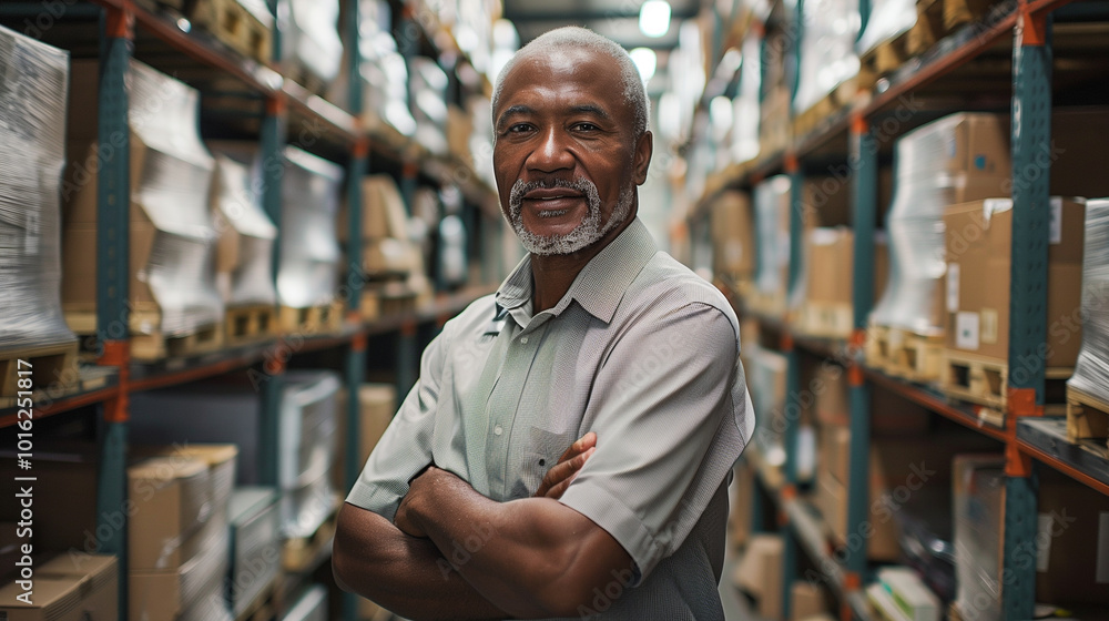 Warehouse manager standing confidently with crossed arms among shelves of boxes Warehouse manager standing confidently with crossed arms among shelves of boxes