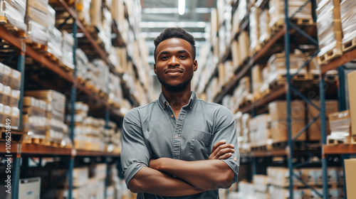 Warehouse manager standing confidently with crossed arms among shelves of boxes