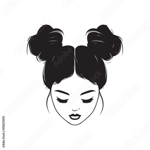 Messy hair bun, vector woman silhouette. Beautiful girl drawing illustration