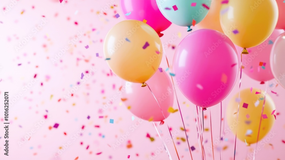 Colorful inflatable balloons with metallic confetti on a pink background. Background for a greeting card in flat-light style, birthday or party Colorful inflatable balloons with metallic confetti on a pink background. Background for a greeting card in flat-light style, birthday or party