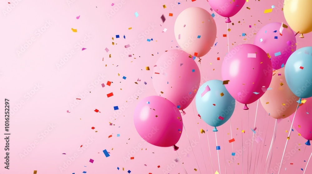 Colorful inflatable balloons with metallic confetti on a pink background. Background for a greeting card in flat-light style, birthday or party Colorful inflatable balloons with metallic confetti on a pink background. Background for a greeting card in flat-light style, birthday or party